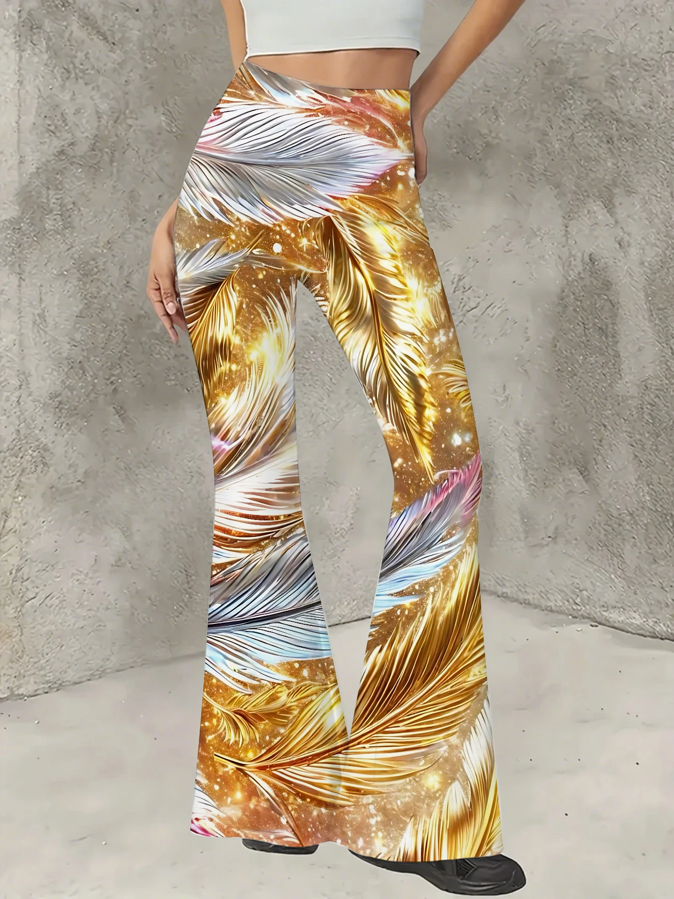 

Korean Style Printed Flare Pants Women High Waist Slim Fit Bell Bottom Leggings