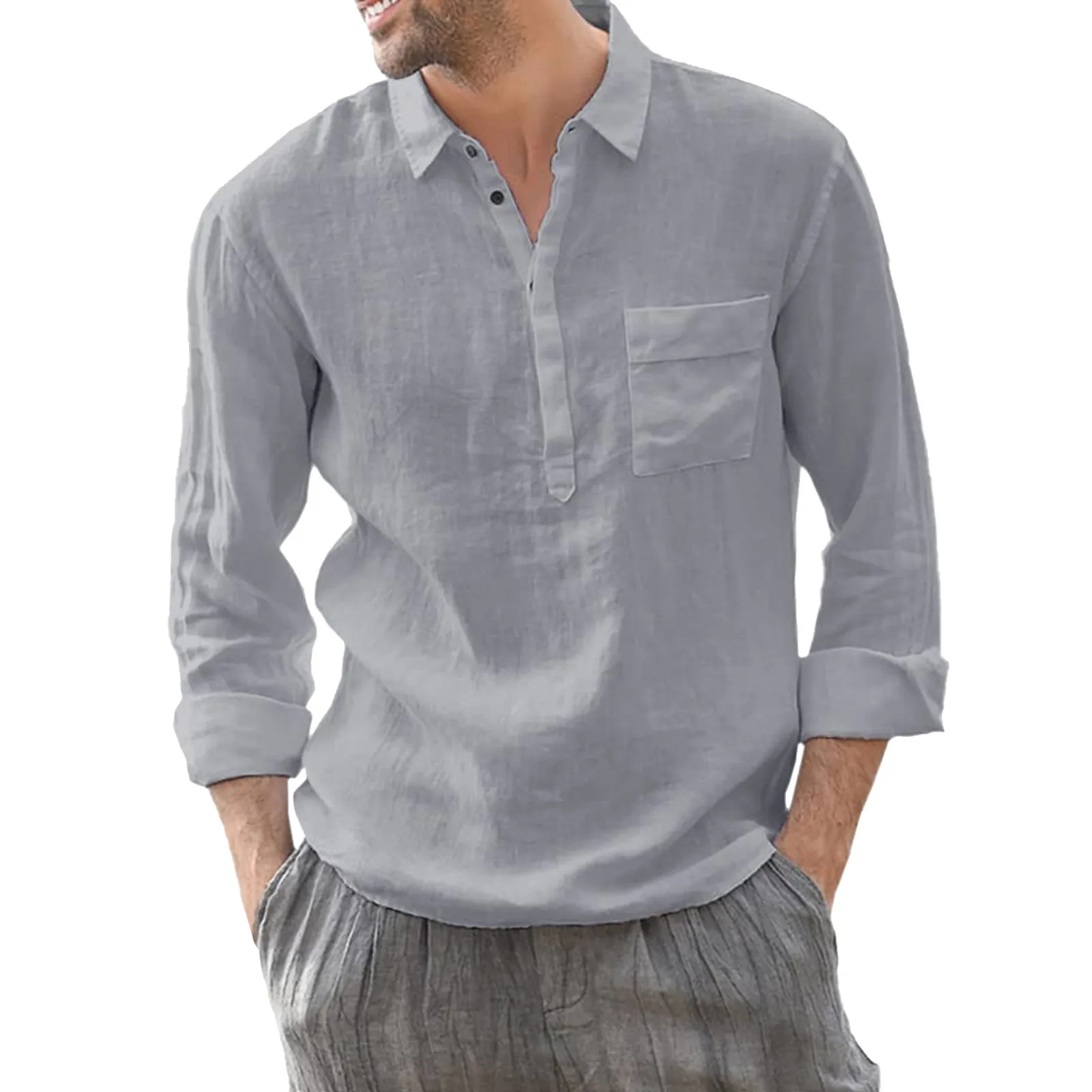 Spring Summer Men Linen Shirt Solid White Long Sleeve Baggy Casual Button Shirt With Pocket Male Loose Tops Blouse