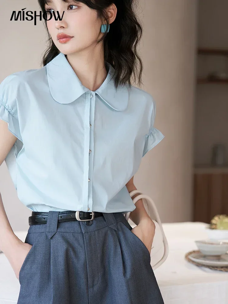 MISHOW Flower Bud Sleeve Shirt Summer 2024 Korean Peter Pan Collar Single Breasted Button Flying Sleeve Solid Tops MXC38C0065