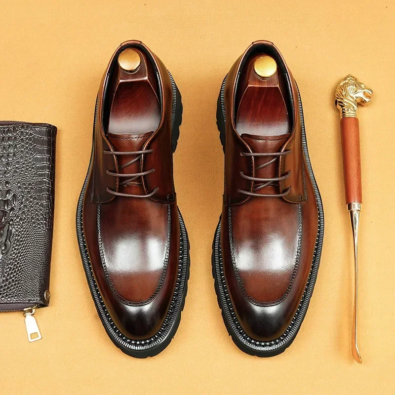 Luxury Genuine Leather Mens Derby Shoes Handmade British Style Designer Classic Fashion Platform Wedding Social Party Shoes Man
