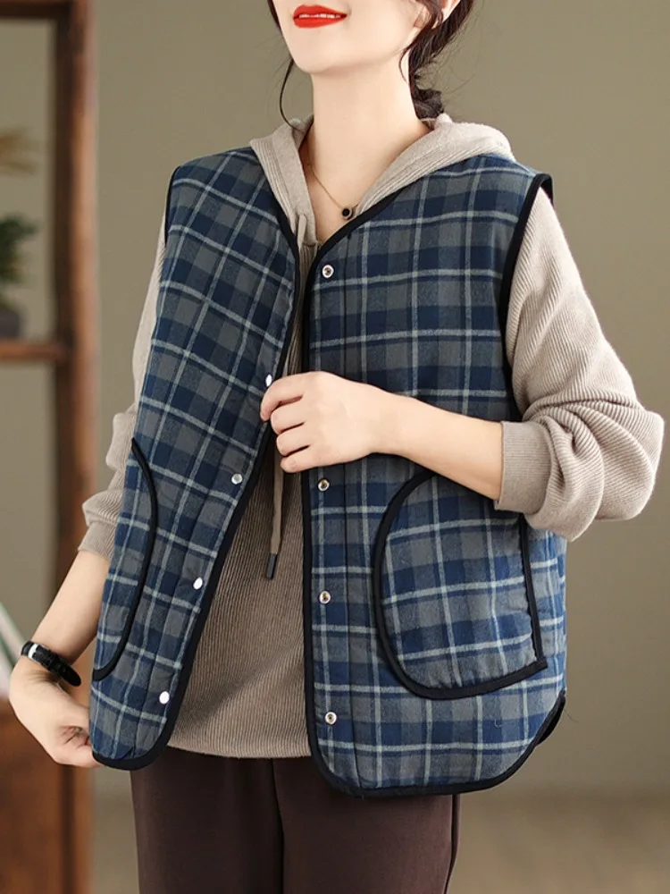 

Women's Double-Sided Wear Svel Vest Retro Contrast Color Plaid Cotton Lined Loose oulder Top Warm Winter irt Vest