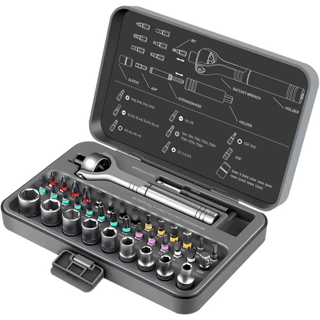 60-Tooth 180° Ratchet Screwdriver Set, 40-in-1 Magnetic Tool Kit with 28 S2 Bits 9 CR-V Sockets,for Electronics Bike DIY Home