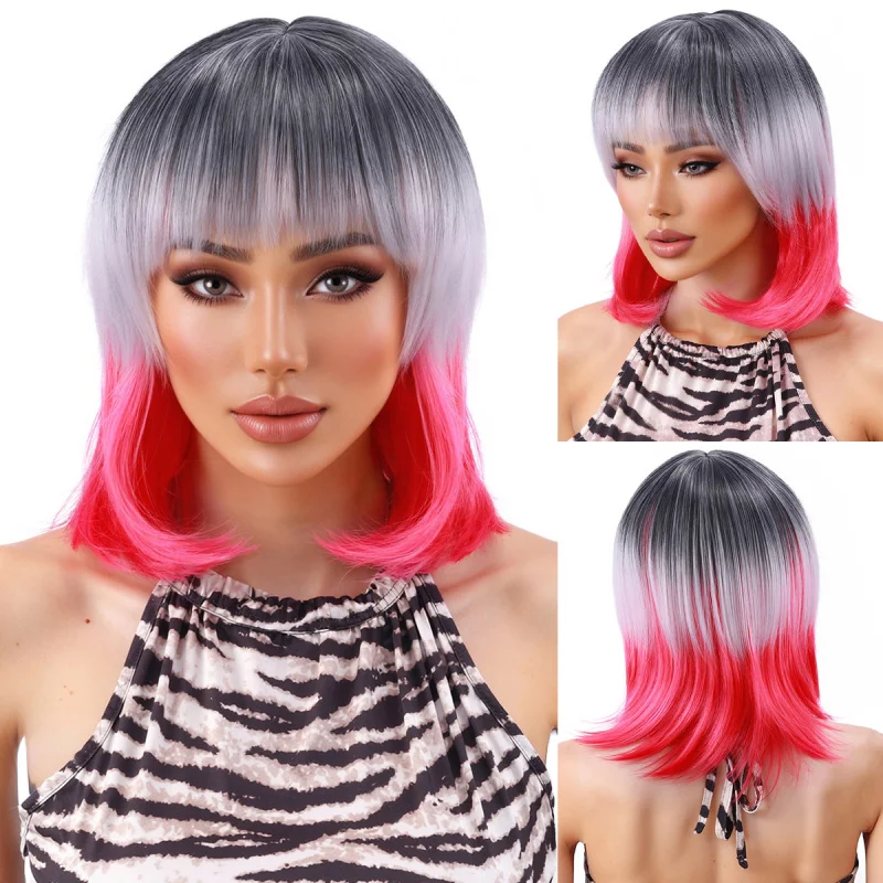 New European and American gradient short straight hair with bangs, everyday synthetic fiber full , bob style wig