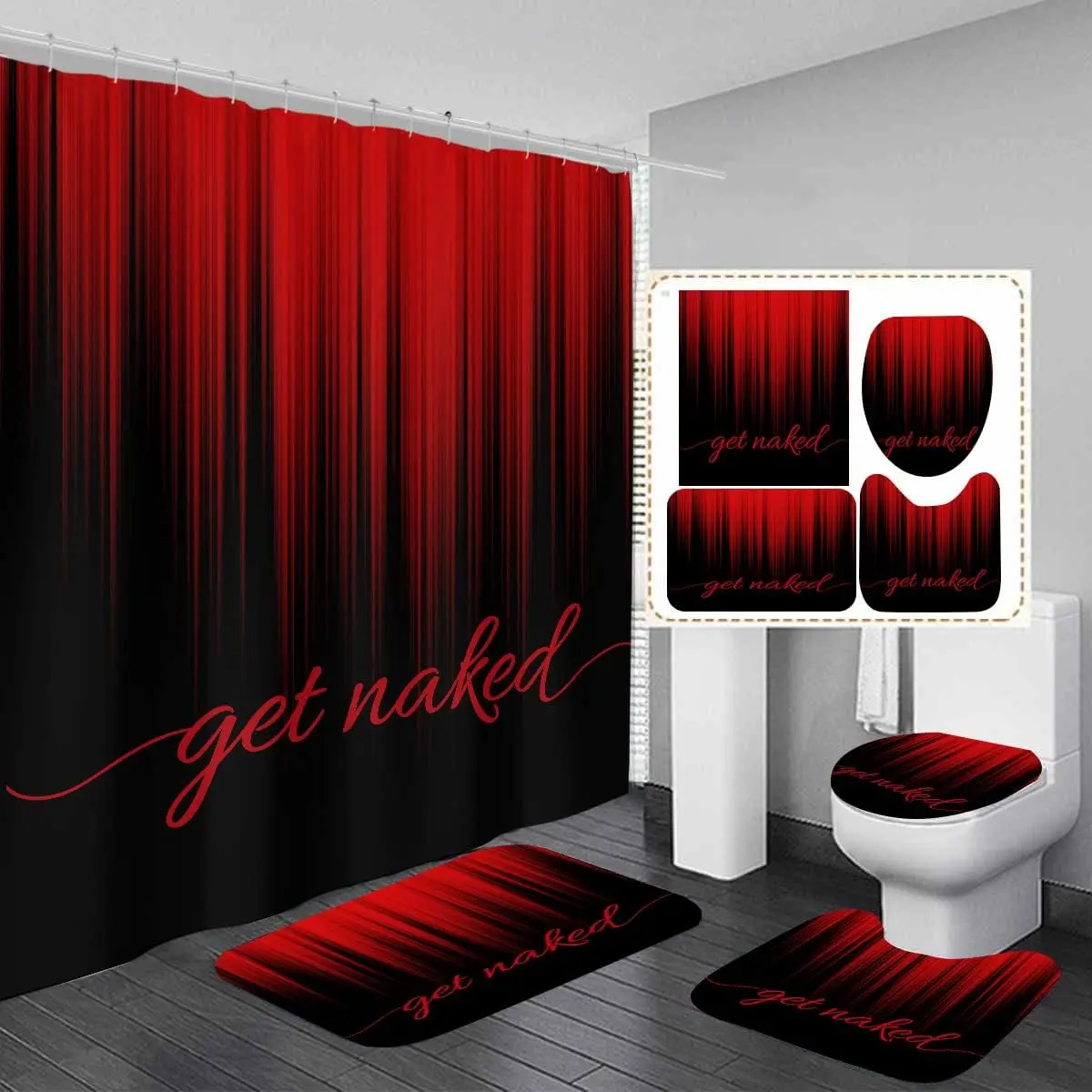 

4 Piece Red and Black Shower Curtain Set Get Naked Funny Adults Gothic Mens 60Wx72L Curtains Decor with Non-Slip Rugs, Toilet Li