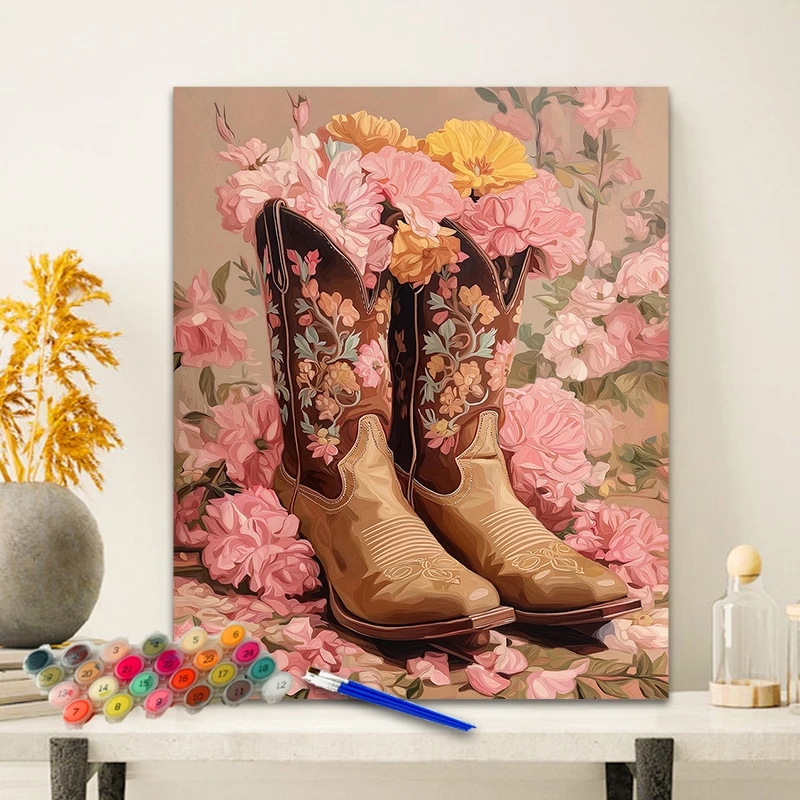 Painting By Numbers Boots and Flowers Anniversary gift on Digital Painting Canvas Acrylic Paint Image Digital Coloring