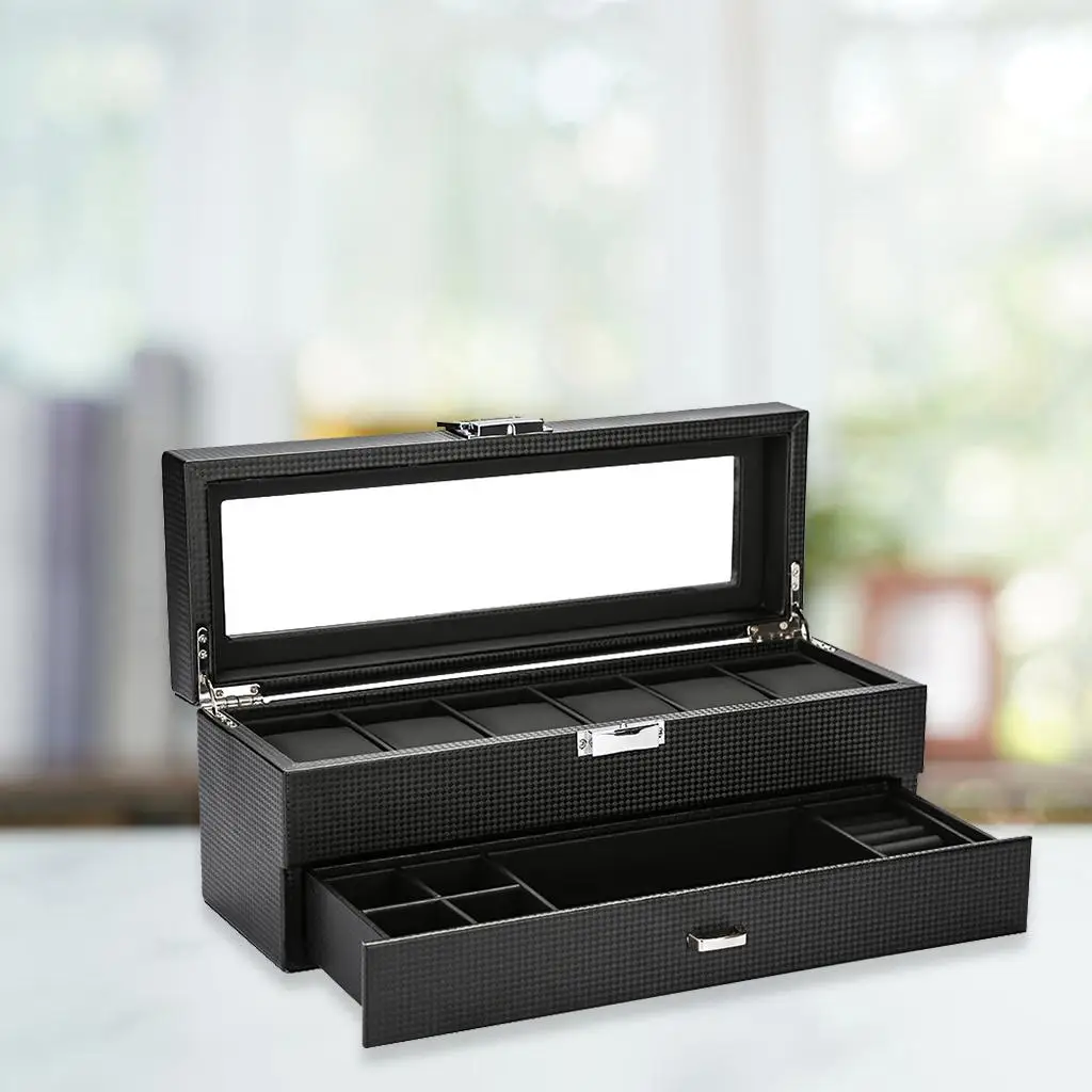 , 6 Slots Wooden Case Organizer with Jewelry Drawer for Storage And Display