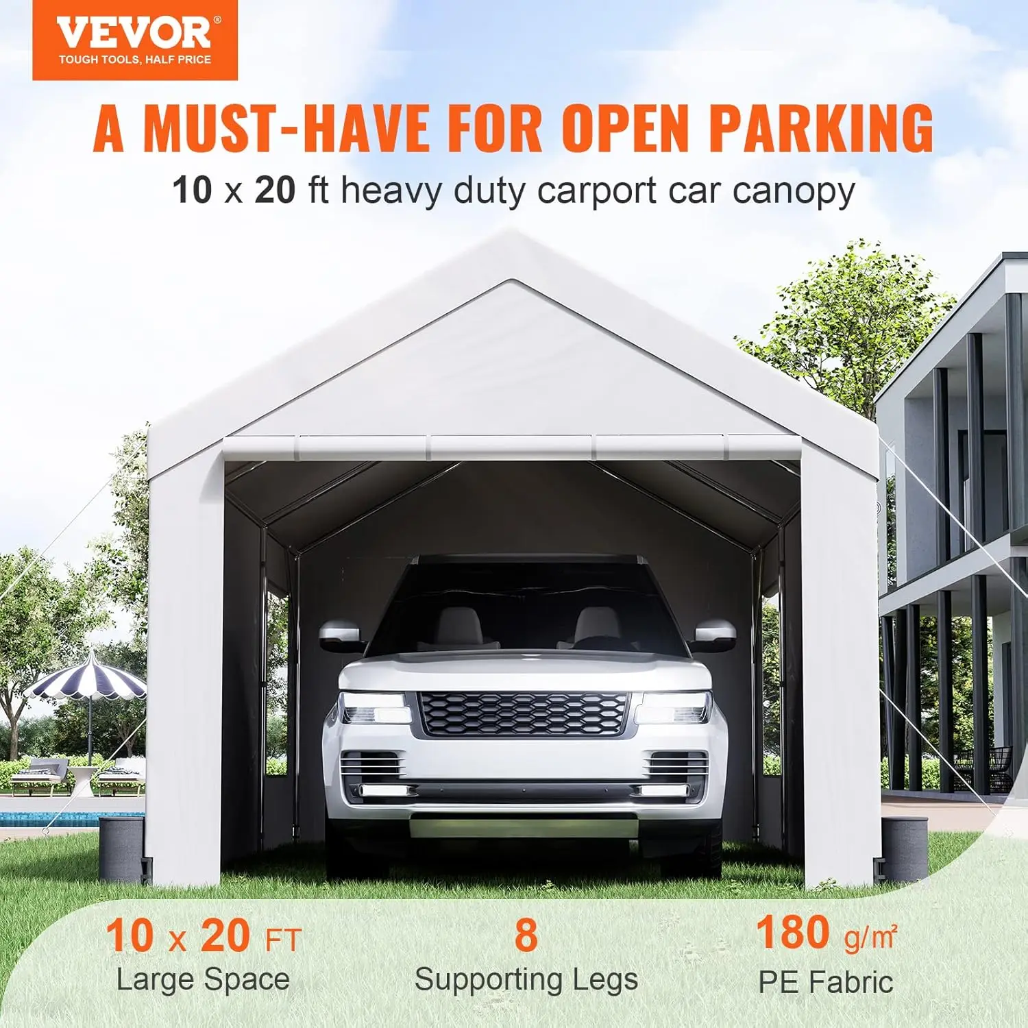 Vevor Carport, 10X20Ft Heavy Duty Car Canopy, Portable Garage With Roll-Up Ventilated Windows & Removable Sidewalls, Uv