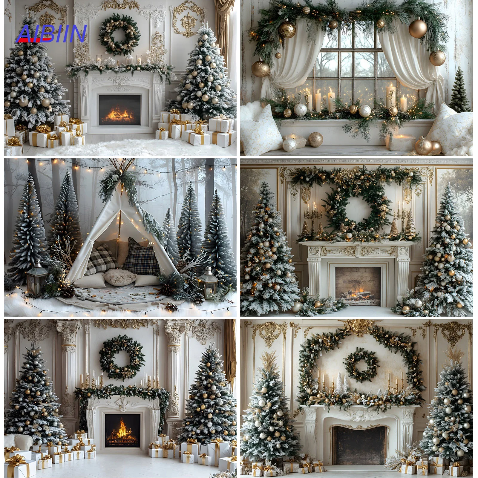 

Christmas Photography Background Fireplace Xmas Tree Snowflake Gift Box Birthday Party Decor Kids Family Portrait Backdrop Props