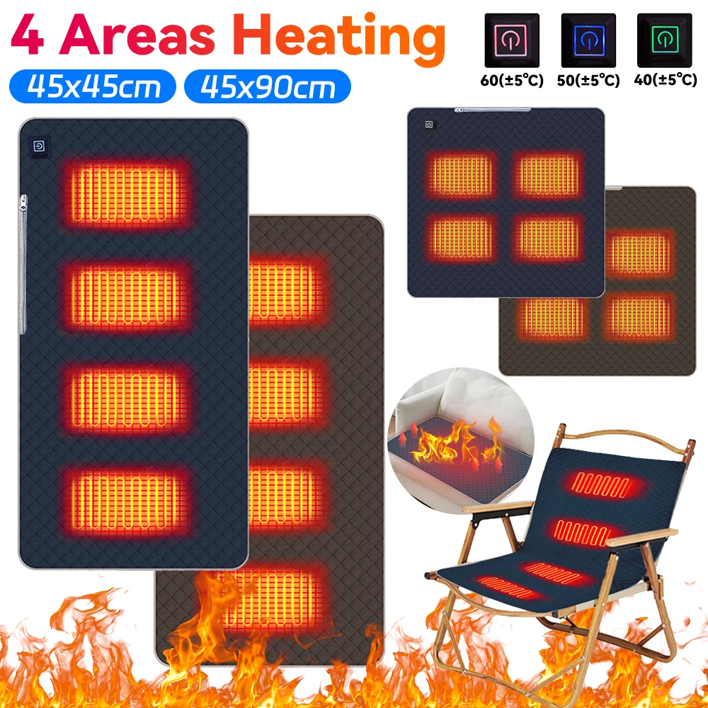 

4 Heated Areas Heating Mat Cushion Portable Heated Chair Cushion 3 Adjustable Temperature Type C/USB Charging for Outdoor Travel