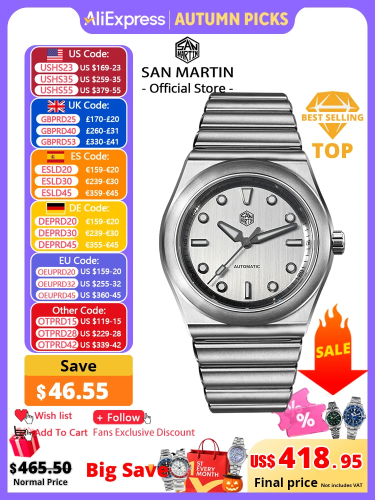 San Martin 40mm Men Sports Watch SS Brushed Dial Integrated Bracelet Miyota 90S5 Original Design Automatic Mechanical SN0149