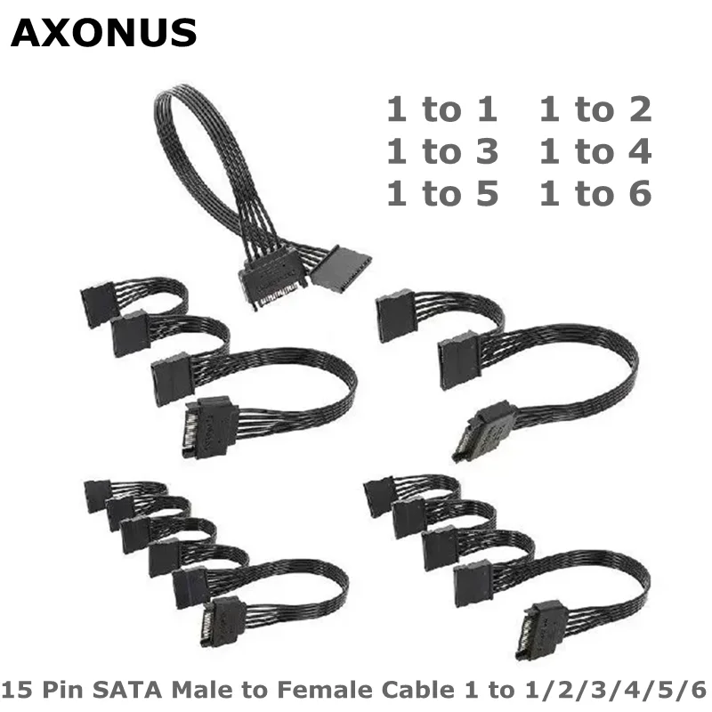 For HDD、SSD Optical Drives, sata Power Connector Supply Extension Cable, Sata Power Splitter Cable 6 Way, 15 Pin SATA to 6