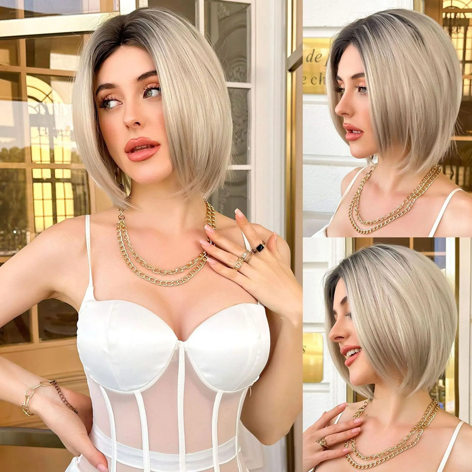 

Blonde Short Bob Wig for Girls Women 12" Straight Synthetic Wigs Blonde Golden Middle Part Cosplay Party Daily Wig White/Black