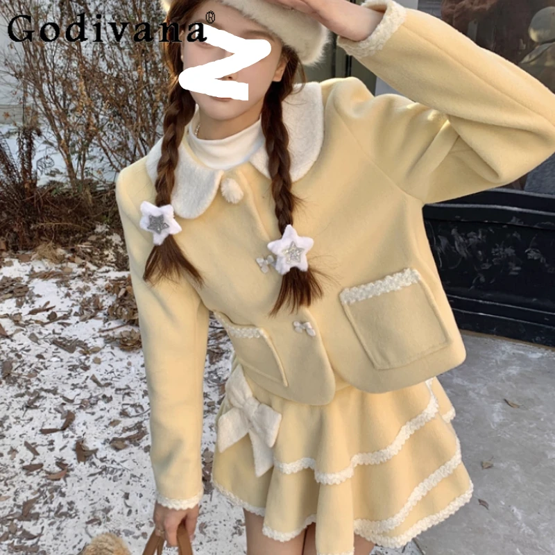 

Autumn Winter New College Style Sweet Peter Pan Collar Creamy Woolen Coat Cute Female Bow High Waist Cake Skirt Two-piece Sets
