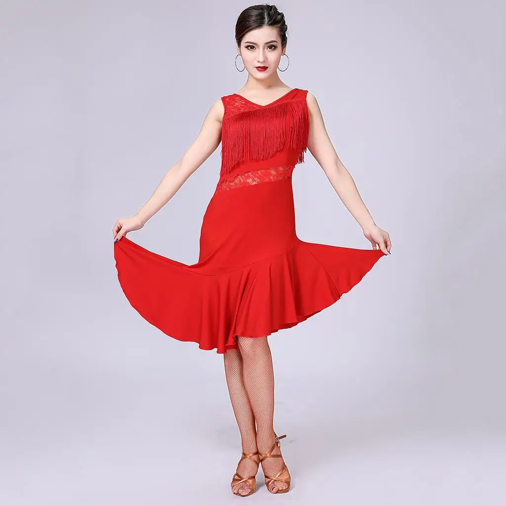 V Neck Latin Tassel Fringe Dress Asymmetric Ruffle Gatsby Costume for Stage Performance Dancewear