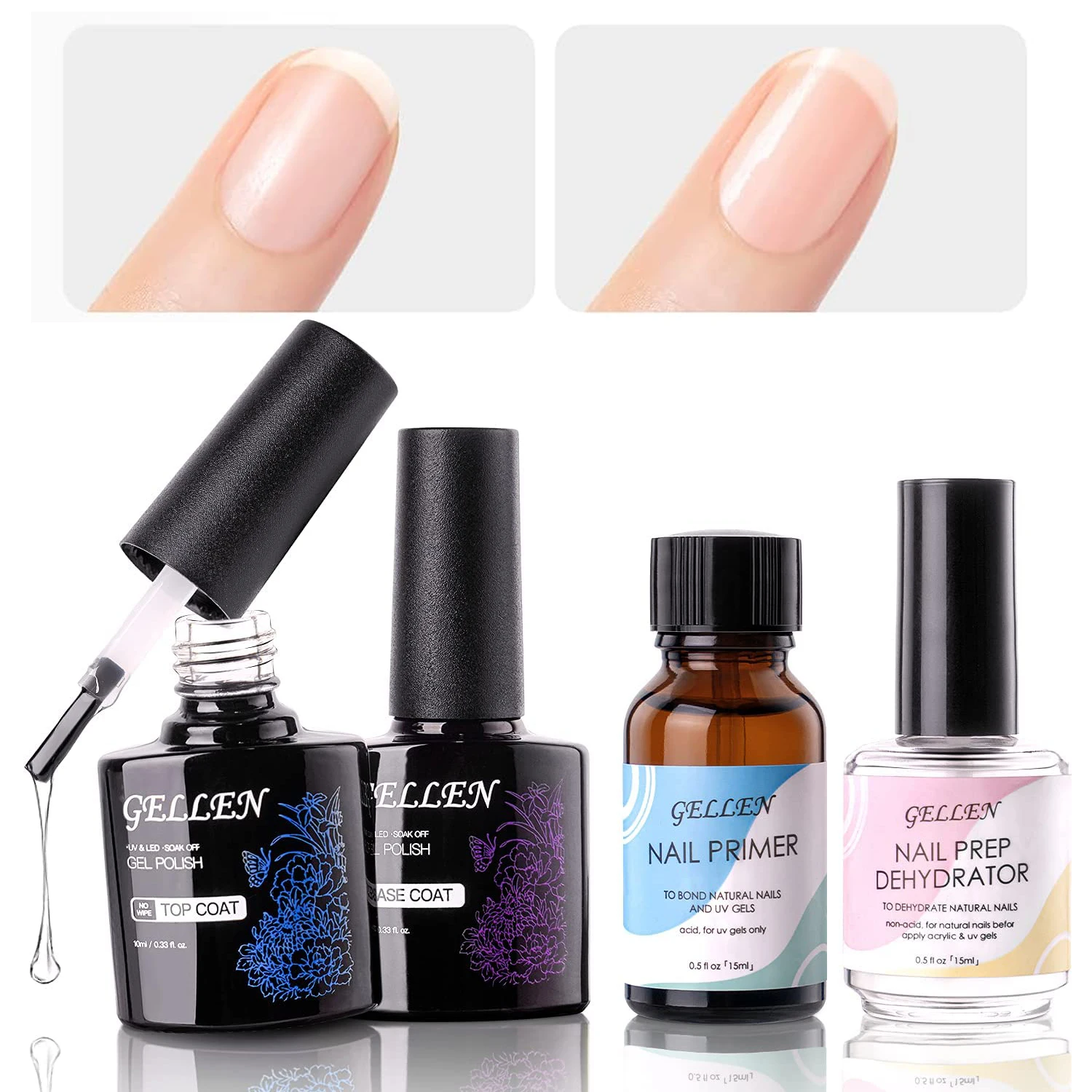 

15ml Professional Nail Dehydrator and Acid-Free Primer Nail Top Coat Gel Base Coat for Acrylic and Gel Polish Set Long-Lasting