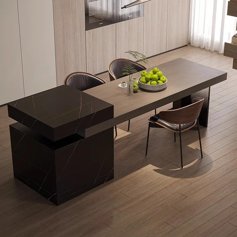 

Italian minimalist premium full rock slab island dining table integrated retractable open kitchen suspension