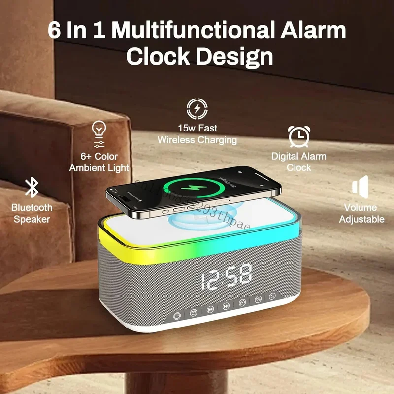 New Smart 6-in-1 Bluetooth Speaker 60W Wireless Charger Bedhead Night Light Alarm Clock LED Clock with FM Radio Music Cente