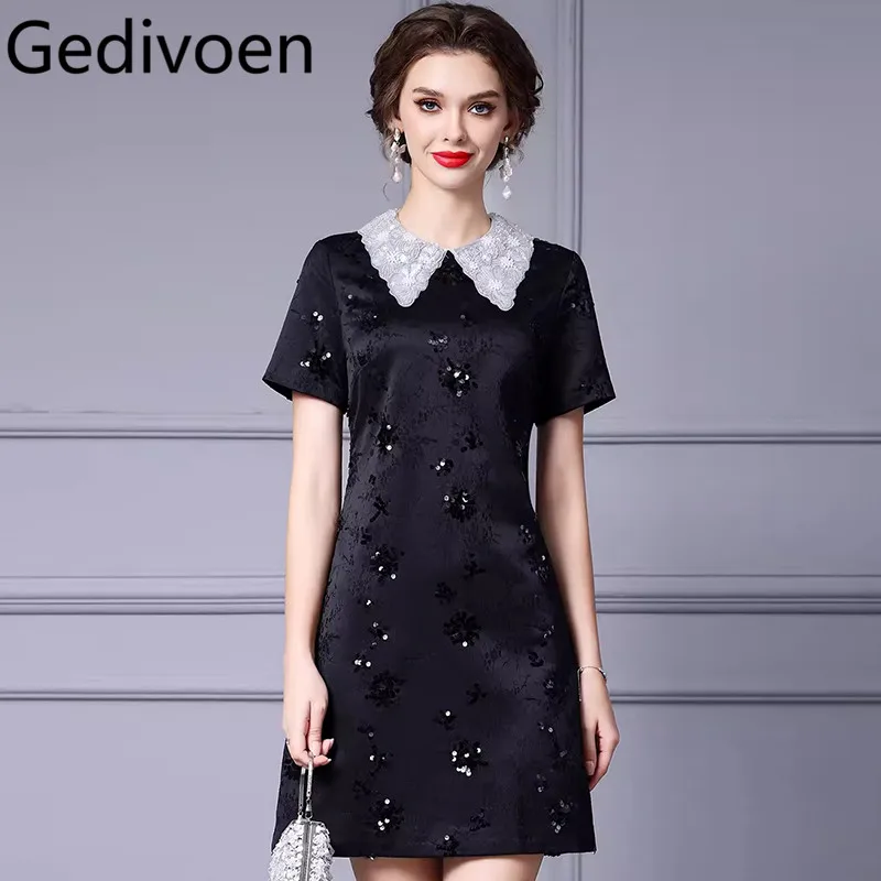 

Gedivoen Fashion Design Summer Women's Dress Short-Sleeved Peter Pan Collar Beading Sequins Elegant Gorgeous Mini Dresses