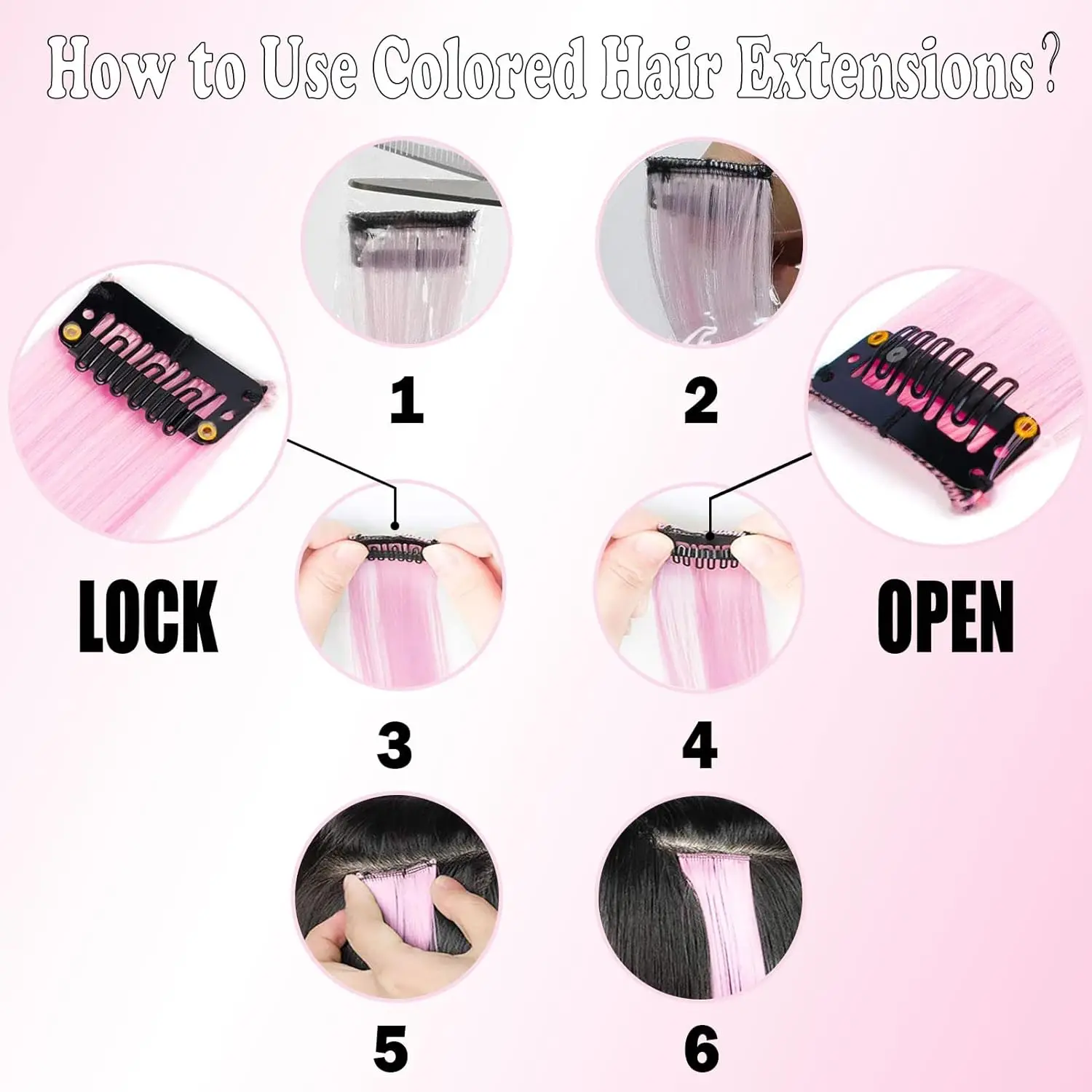 12 PCS Synthetic Hairpiece Black Hair Extensions Clip in, Colored Party Highlights Extension for Girls Women Straight 22 inch