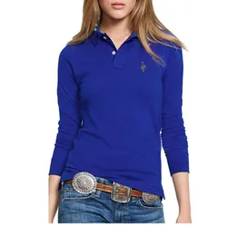 Fashion New Womens Polo Shirts Embroidery-Logo Casual Solid Color Ladies Laple T-Shirt Long Sleeve Fit 100% Cotton Female Tops