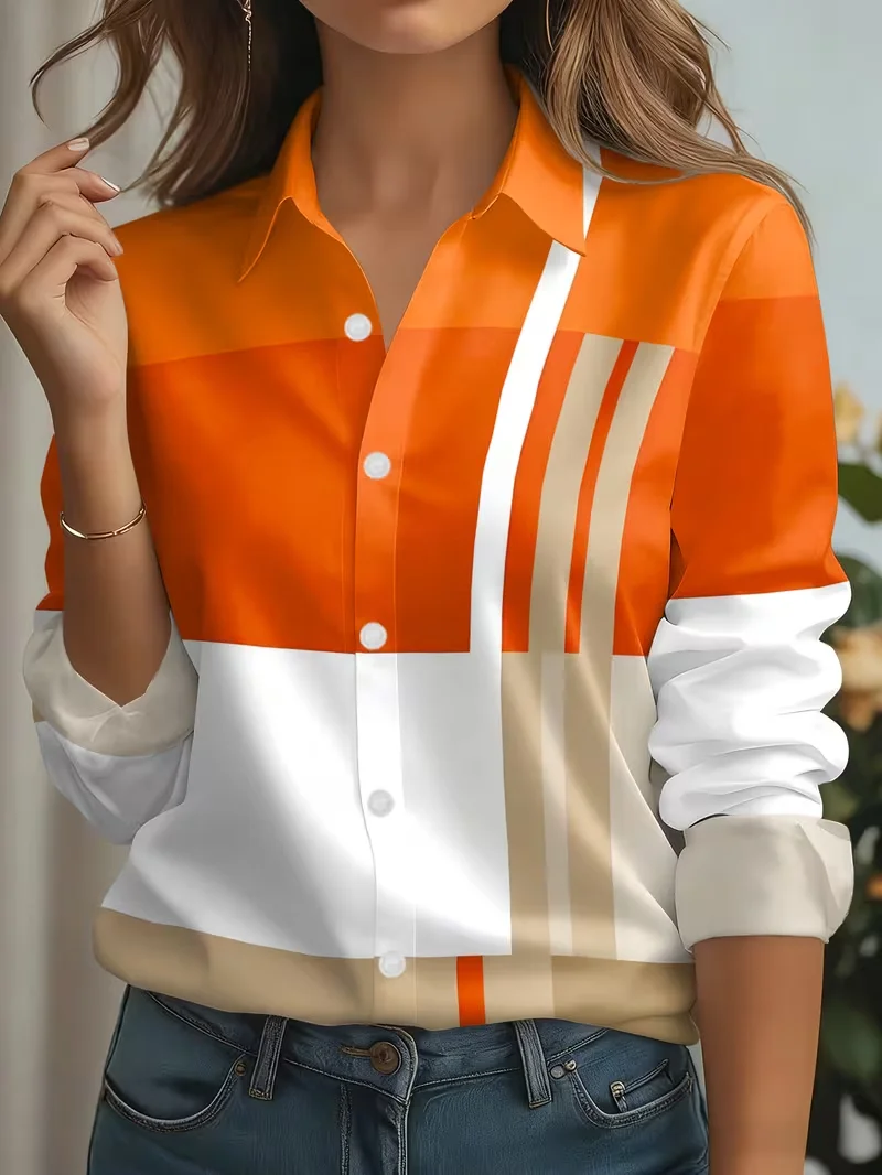 New Orange and White Geometric Color blocked Vertical Stripe Long Sleeve Shirt Simple and Vibrant Women's Casual Shirt