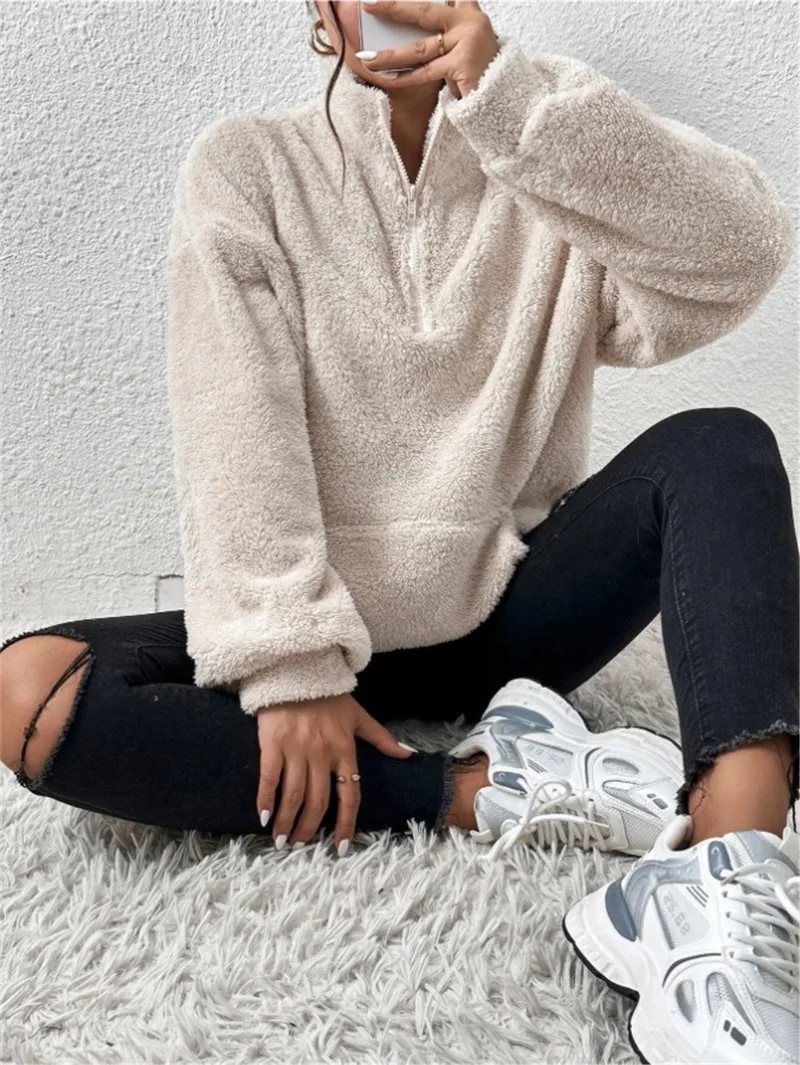 2026 Autumn Winter New Plush Thick Women's Stand Up Collar Half Zipper Pullover Fashion Casual Loose Large Pocket Sweatshirt