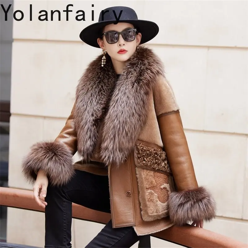 YOLANFAIRY New Luxury Winter Genuine Sheepskin Shearling Coat Women Fox Fur Collar Warm Mid-long Natural Leather Fur Coats Woman