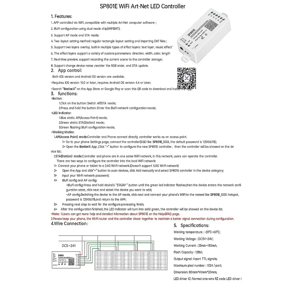 AT21-SP801E Wifi Art-Net LED Controller LED Matrix Panel Module WS2812B WS2811 Light Strip Wireless Control DC5-24V