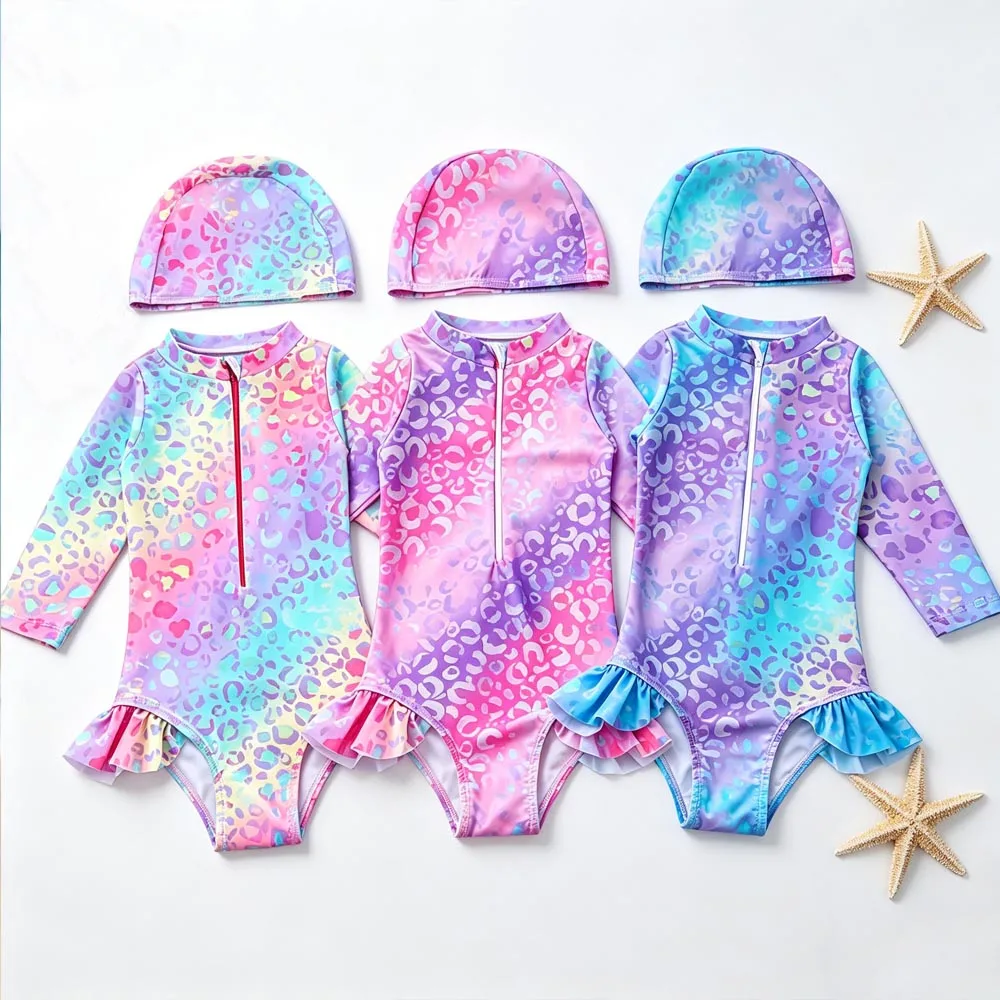 Toddler Baby Girl Swimsuit 6 to 12 18 24 Months Leopard Ruffled Long Sleeve Pink Blue Beachwear Jumpsuit + Hat Swimwear 2Pcs Set