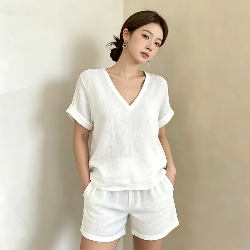 Summer Two Piece Sets for Women Short Sleeve V Neck Top And Shorts Lounge Outfits Casual Vacation Suit Set Female Outfit Clothes
