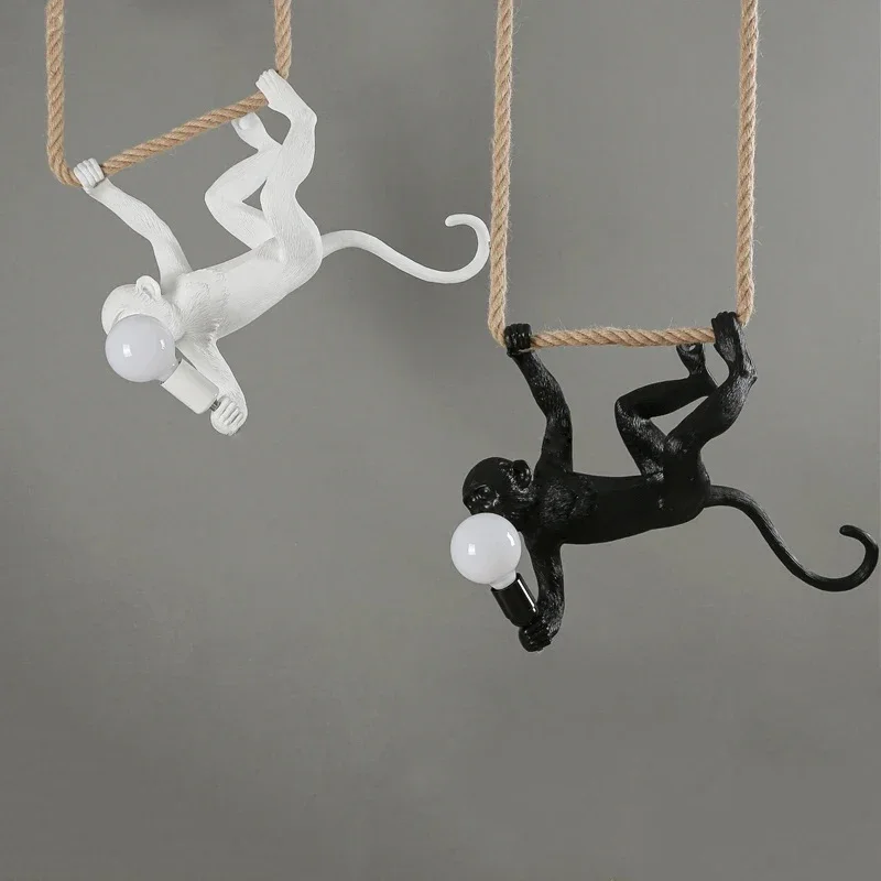 Nordic creative hemp rope pendant pendant light resin monkey light bedroom children\'s room home decoration ceiling pendant lamp