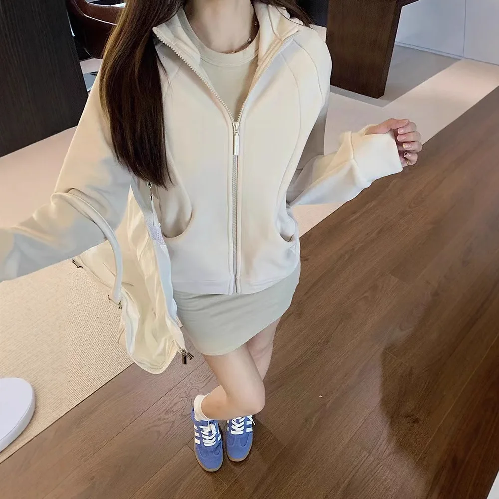 秋冬新無地肥厚フリース長袖女性痩身ジッパーフード付きスウェットシャツジャケットFY