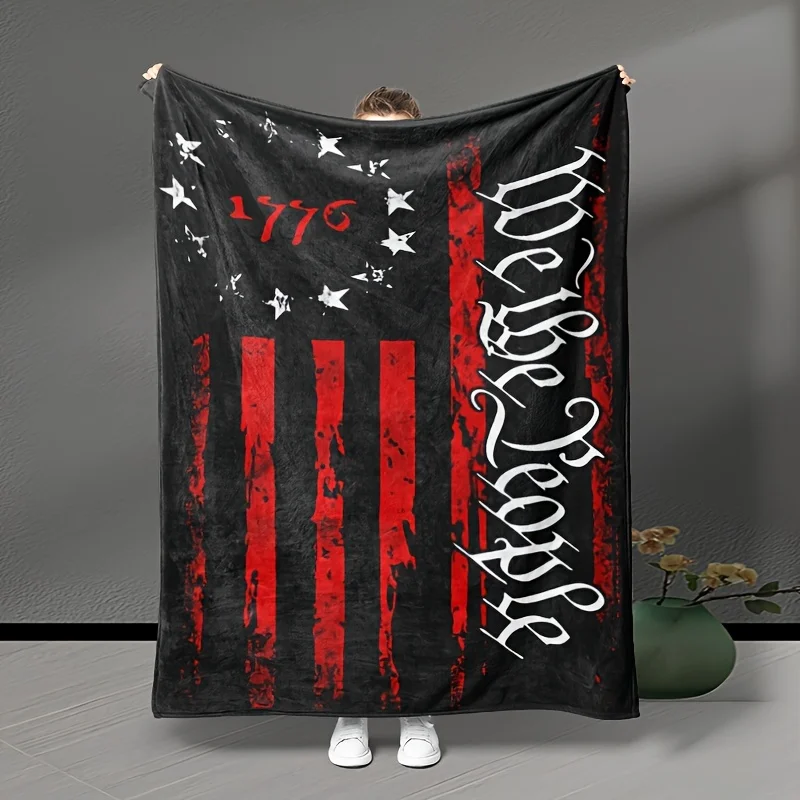 We The People 1776 American Flag Blanket Patriotic Home Decor Red Black Stars Stripes USA Independence Day Gift Soft FleeceThrow