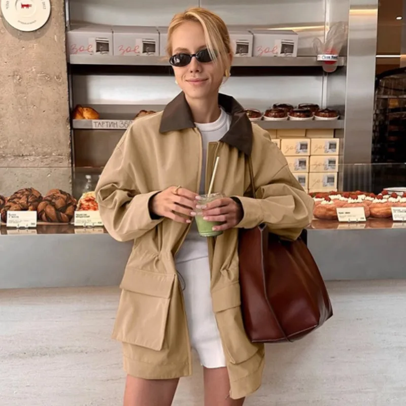 

Khaki Autumn Winter New Style Patchwork Copy Leather Loose Trench Coat Fashionable High-end and Elegant Overcoat Women Jacket