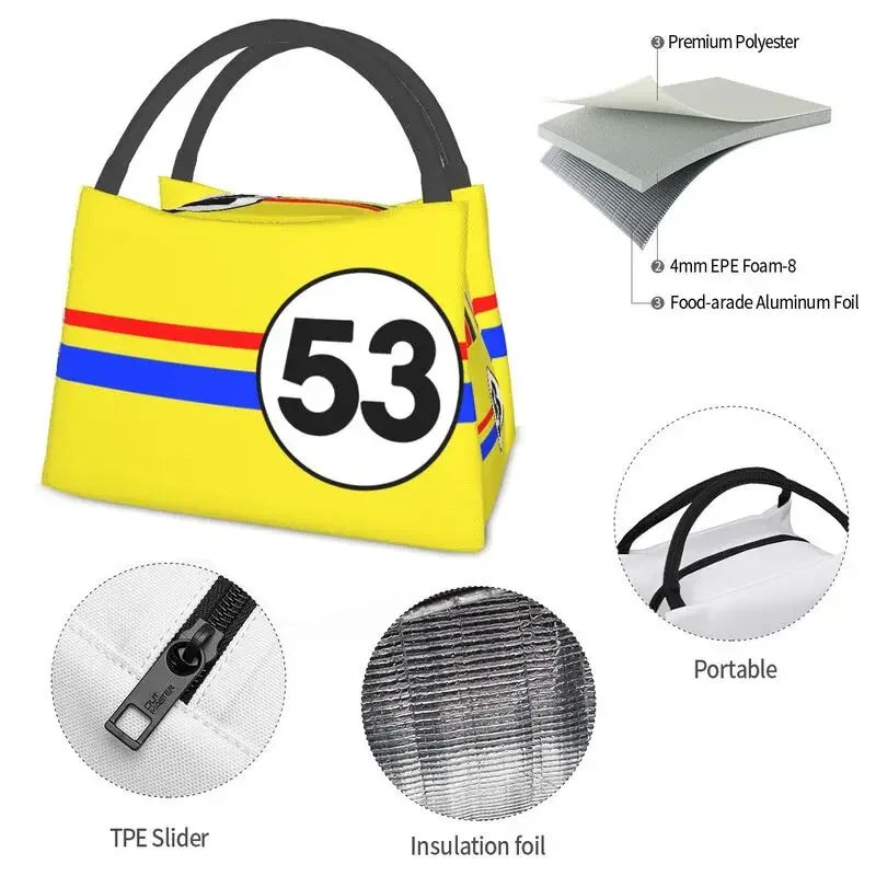 Classic Racing Car Herbie 53 Resuable Lunch Box Thermal Cooler Food Insulated Lunch Bag Hospital Office Pinic Container