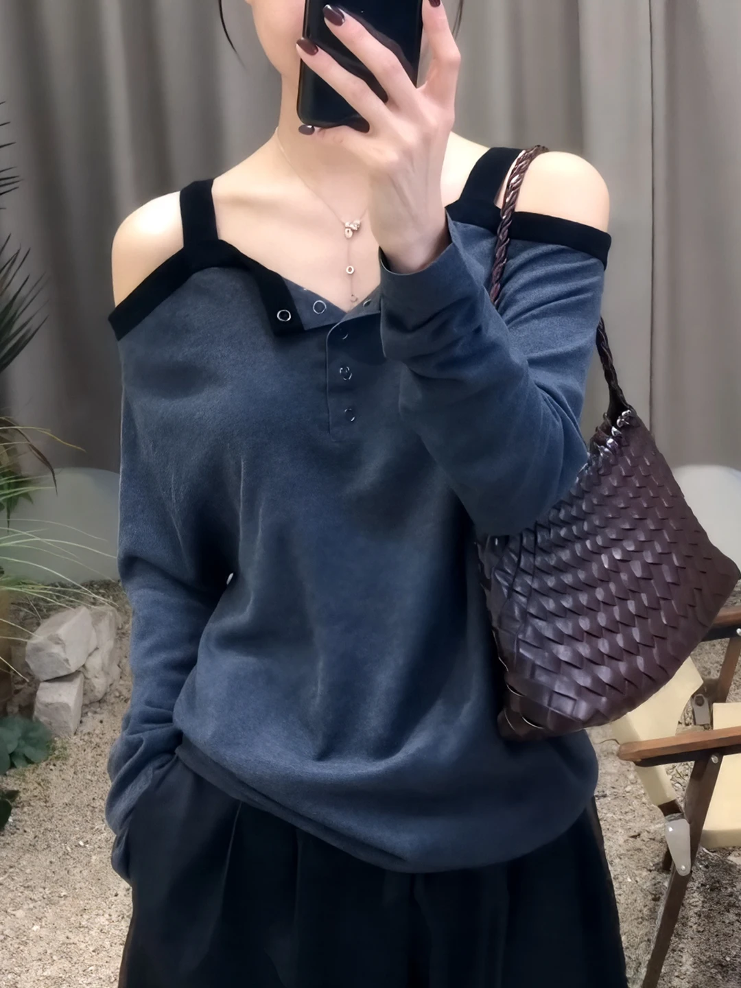 

Женский свитер Laid-ba Sle Deep Blue с открытыми плечами и длинными рукавами, корейская версия, свободный крой, шерстяной, влагоотводящий