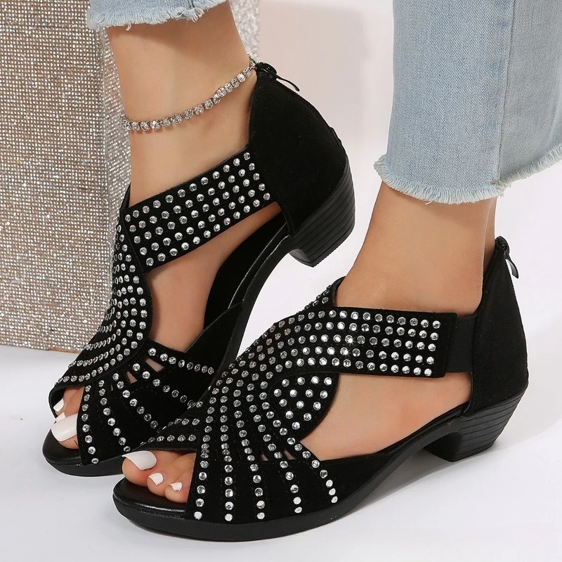 Modische Vielseitige Damenschuhe Sommer Neue Peeptoe-Absatzsandalen Weiche Sohle Rutschfeste Damen-Strass-Sandalen Босоножки Женские – Detail 9
