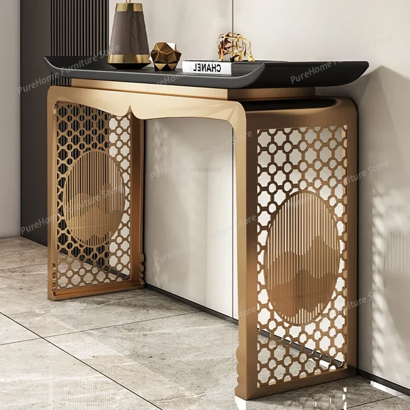 

Light Luxury Console Tables for Metal Hallway Creative Hollow Design Table New Chinese Style Slate Console Table for Restaurant