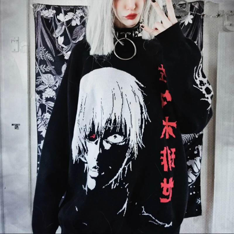 Outono e Inverno Novo Vermelho Gótico Anime Personagem Jacquard Camisola Camisola De Malha Inverno Quente Top Harajuku Camisola y2k Novo Suor