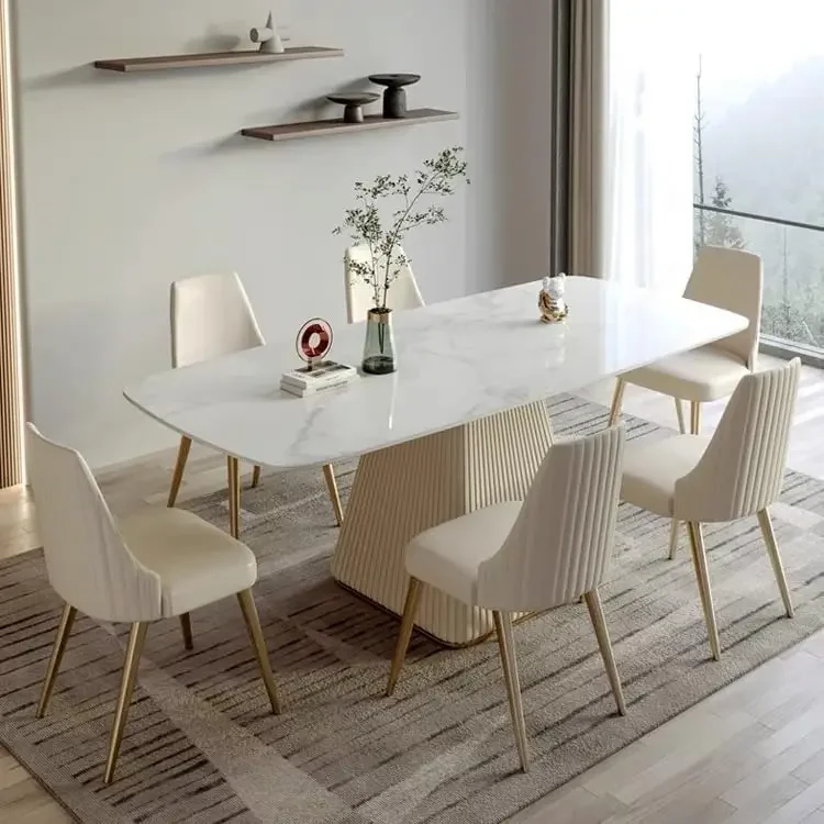 

7 Piece Dining Room Set,Chairs Set, Sintered Stone Dining Table Set for 6, 71" White Marble Dining Table with 6 Cream Chairs