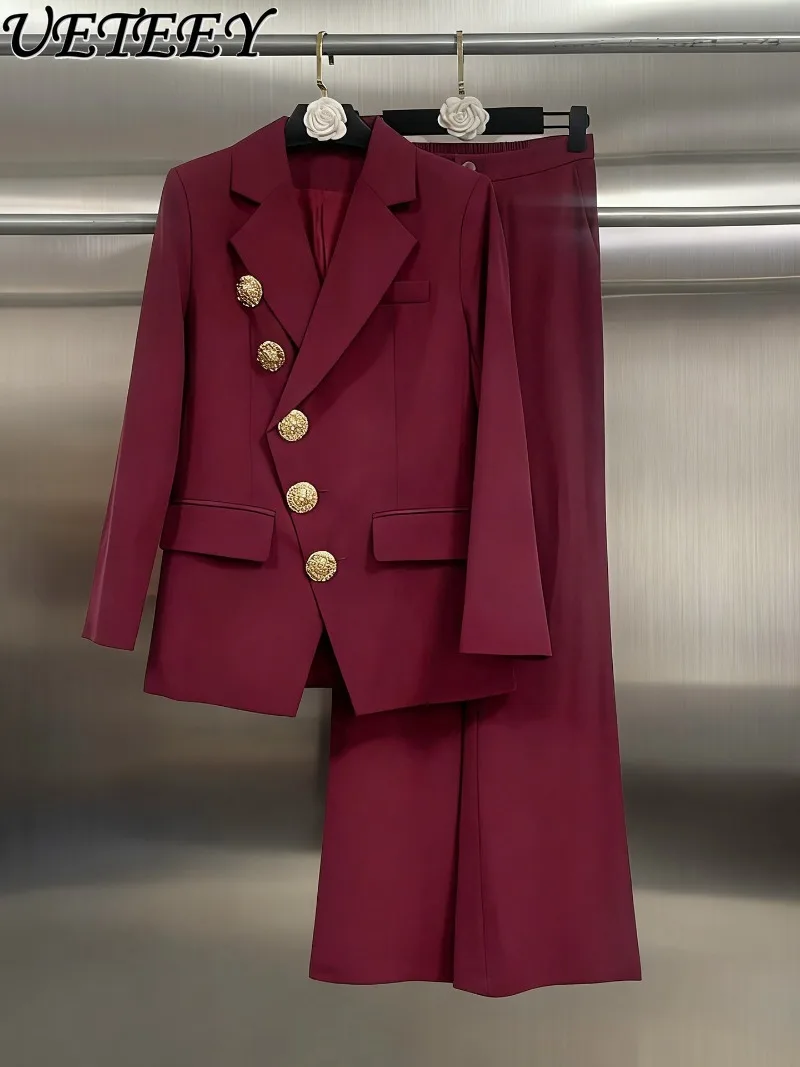 Conjunto de duas peças estilo francês para primavera e outono novo casaco blazer de peito único de alta qualidade e calças largas de cintura alta