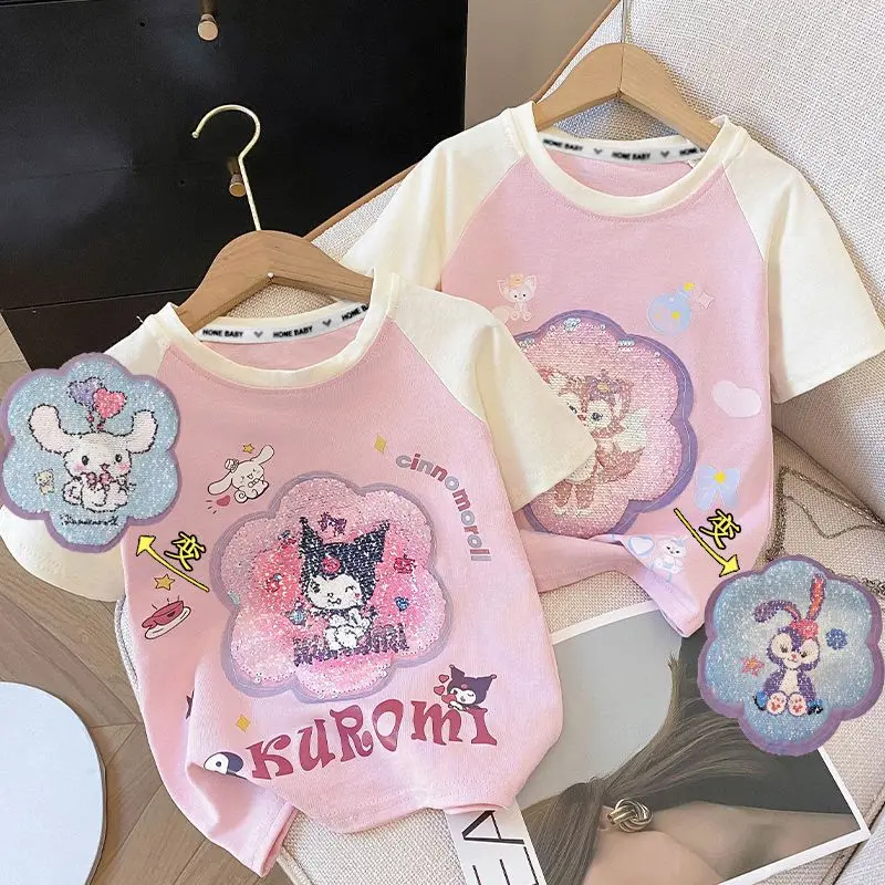 

New Style Kuromi Cotton Short Sleeved T Shirt Children Girl Sequined Cute Summer Clothes Children Color Change Fashionbreathable