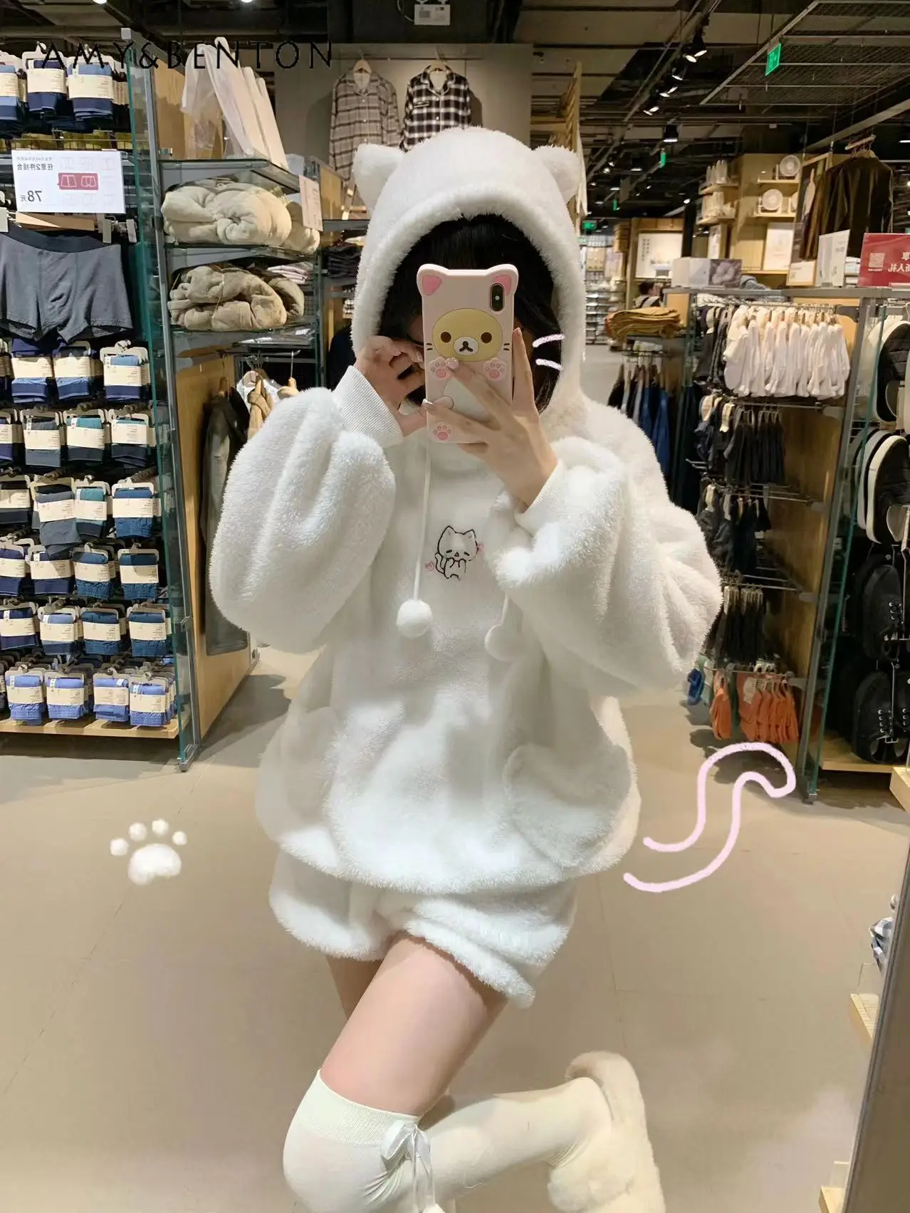 Winter Sweet Cute Printed Double-Sided Plush Pajamas Set Kawaii Embroidery Cat Ear Hooded Sweatshirt Loose Short Sleepwear Women