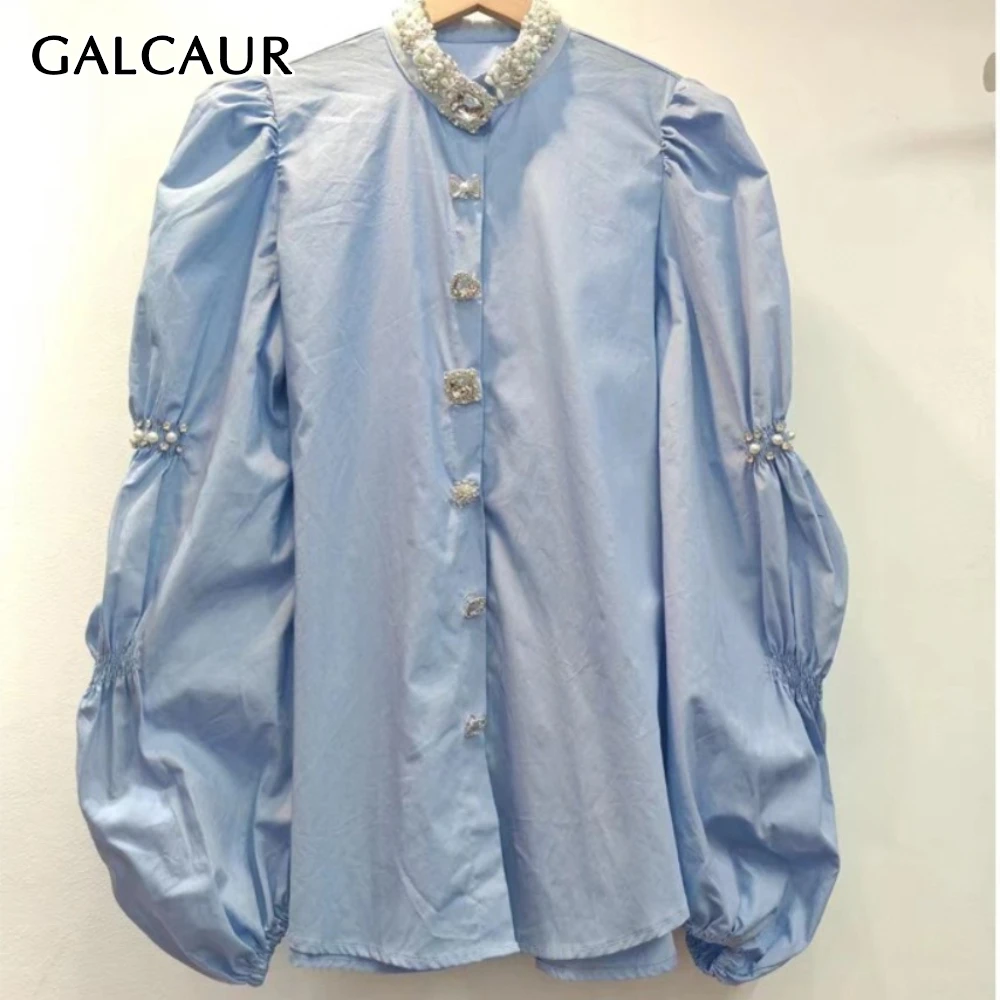 

GALCAUR Solid Spliced Diamonds Chic Shirt Female Lapel Lantern Sleeve Loose Temperament Women's Shirts Summer New Style Fashion