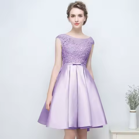 Lilac A Line Cocktail Dresses Scoop Neck Lace Homecoming Dress Lace Up Knee Length Short Party Dress Satin Formal Evening Gowns