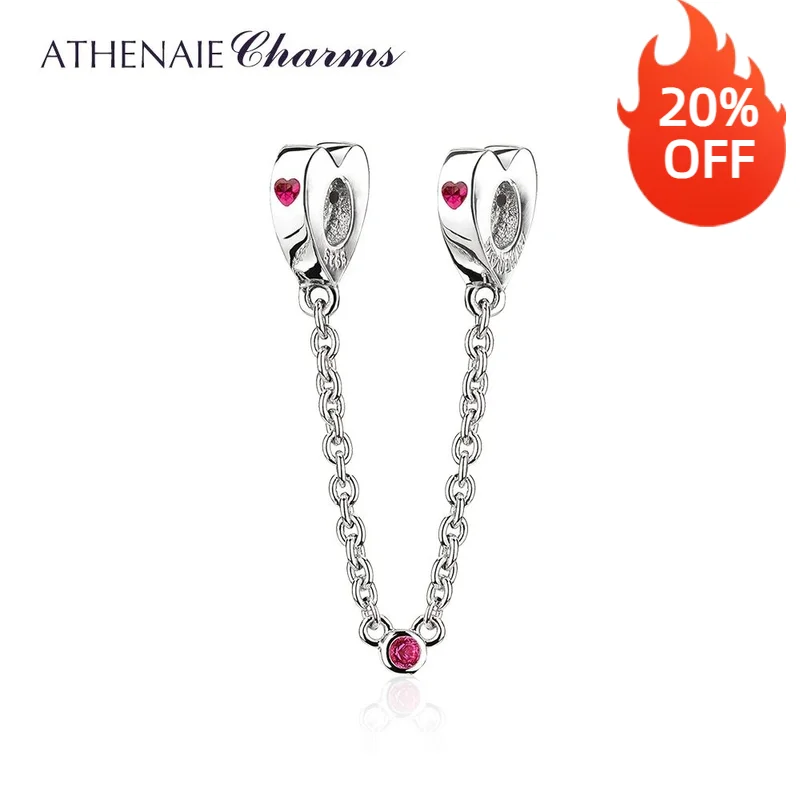 

ATHENAIE 925 Sterling Silver Clear CZ Two Hearts Safety Chain Charms Fit European Bracelets Color Rose Red for Valentine's Day