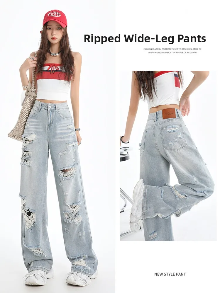 

Lacele Summer 2026 High Waist Ripped Skinny Jeans Women's American Style Low Rise Wide Leg Straight Cut Denim Pants