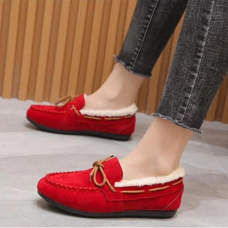 Winter Shoes Women Casual Flat Shoes Women's Moccasins Soft Loafers Fashion Comfort Warm Plush Bow Slip on Female Cotton Shoes