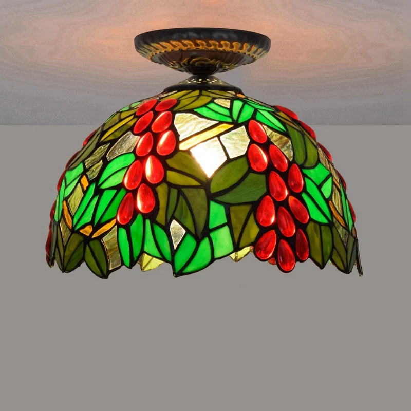 

Retro Home Decor Tiffany Grape Art Stained Glass Lampshade Embedded Glass Round Ceiling Lamp Living Room Home LED Ceiling Lamp