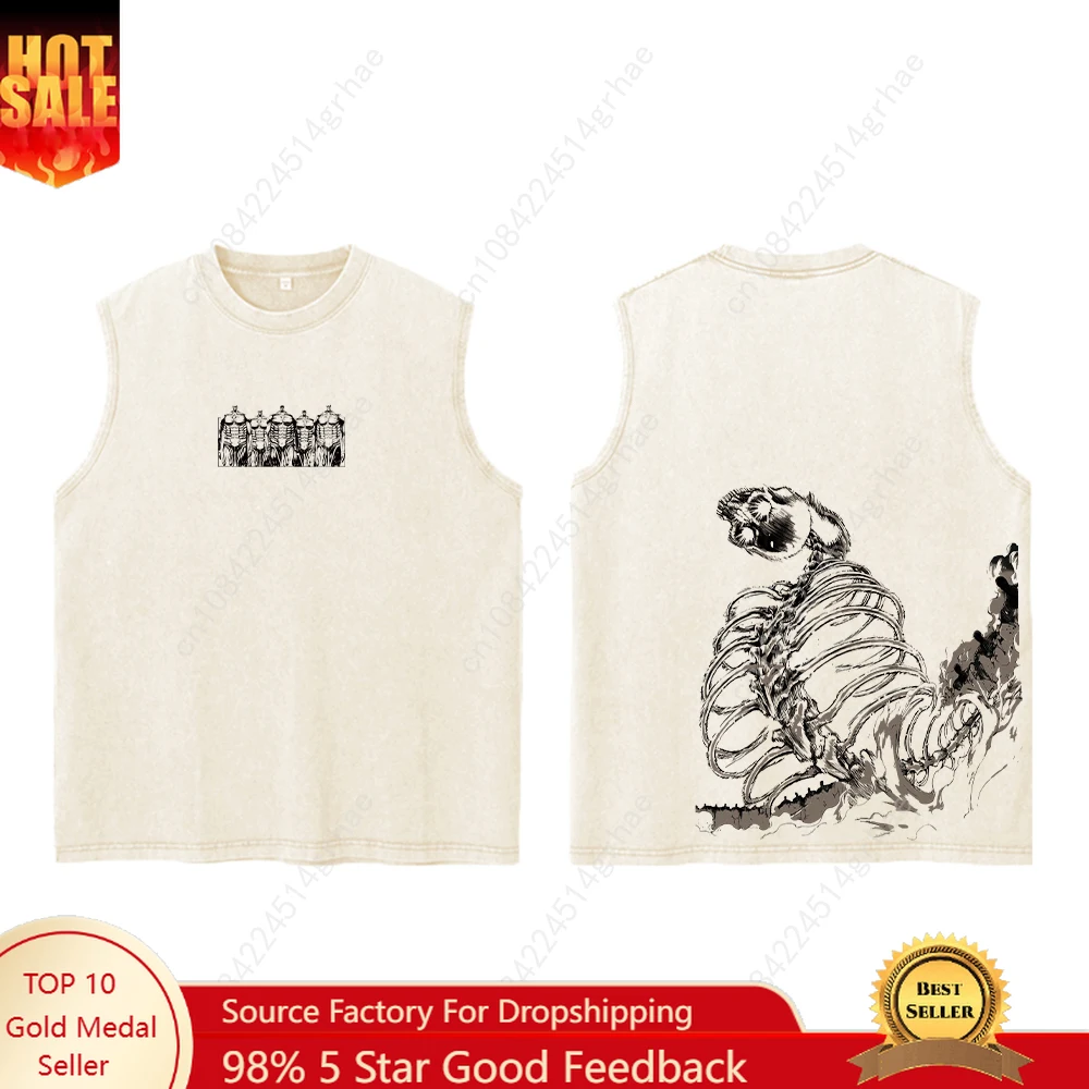 Men's Washed Tank Tops Anime Attack On Titan Print Vintage Cotton Sleeveless T Shirts Running Loose Muscle Gym Workout  Top Tees